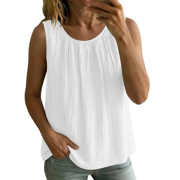Women's Plain Sleeveless Tank Top Summer Oversized Crew Neck Basic Tee Tank Flowy Casual Boho Beach Vacation Tops White
