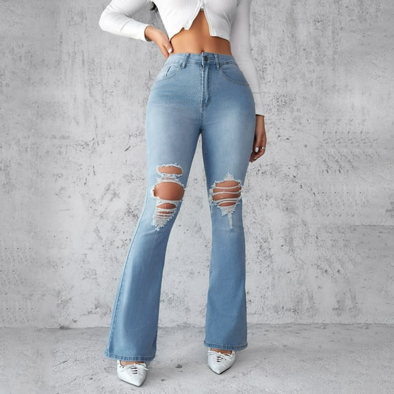Women's Distressed Jeans Feminine Commuting Style Long Legs And Slightly Flared Pants Designer Pants for Women High Waist Denim Pants Women Pants Jean Pants for Women Stretchy Size 16 Pants for Women