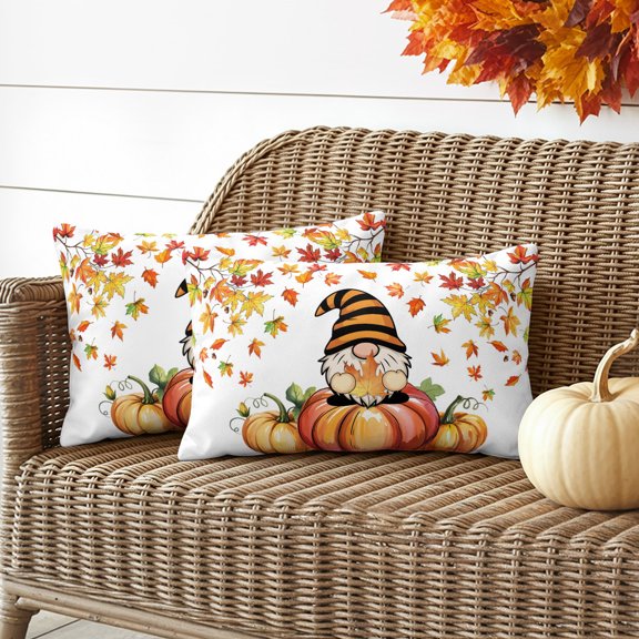 Outdoor Waterproof Throw Pillow Cover Fall Gnome Thanksgiving Pumpkin Decorative Pillow Covers 20x12inch Set of 2 Pillows Case, Watercolor Maple Leaves Cushion Cases for Sofa Couch Patio Garden