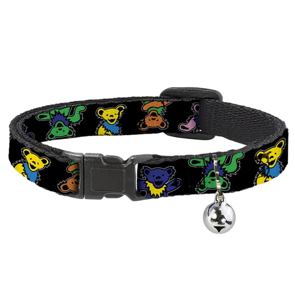 Grateful Dead Cat Collar, Breakaway Collar with Bell, Grateful Dead Dancing Bears Close Up Black Multi Color, 8.5 to 12 Inches 0.5 Inch Wide