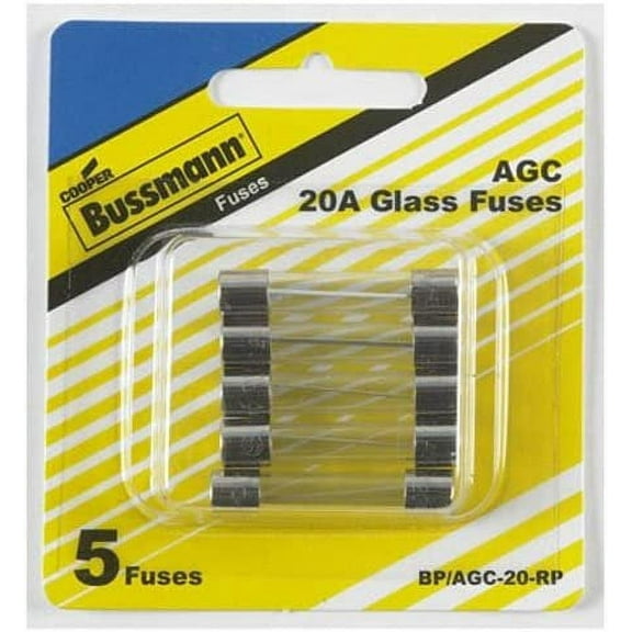 Bussmann BP/AGC-20-RP AGC Automotive Glass Fuse 1/4" X 11/4" 20 Amp, 5 Pack