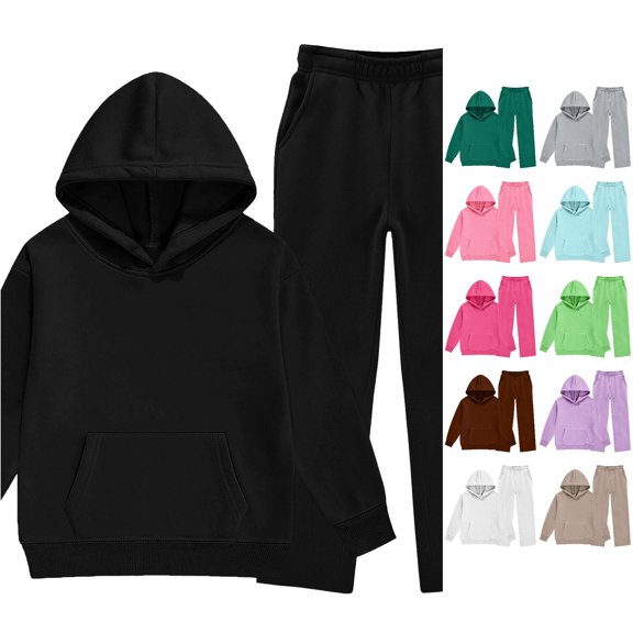 HCYSFG Girls 2 Piece Sweatsuit Set Pullover Hooded Long Sleeve Solid Color Outfit Set Wide Leg Elastic Waist Pants With Pockets Back To School Tracksuit Set