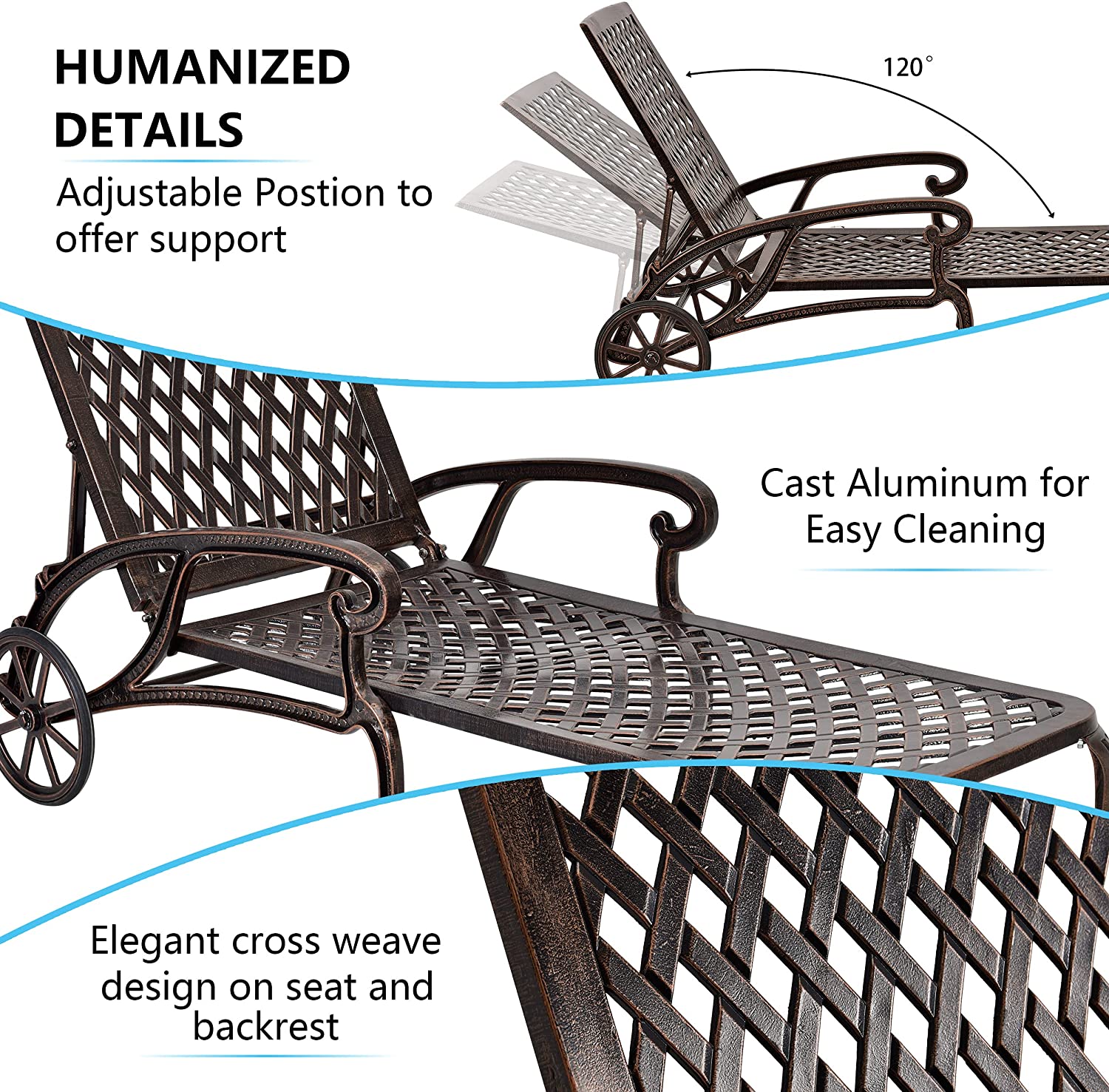 Aluminum Cast Poolside Chaise Lounge with 5 Adjustable Reclining Positions and Wheels, Weather-Resistant Outdoor Lounger for Patio and Deck, Brown