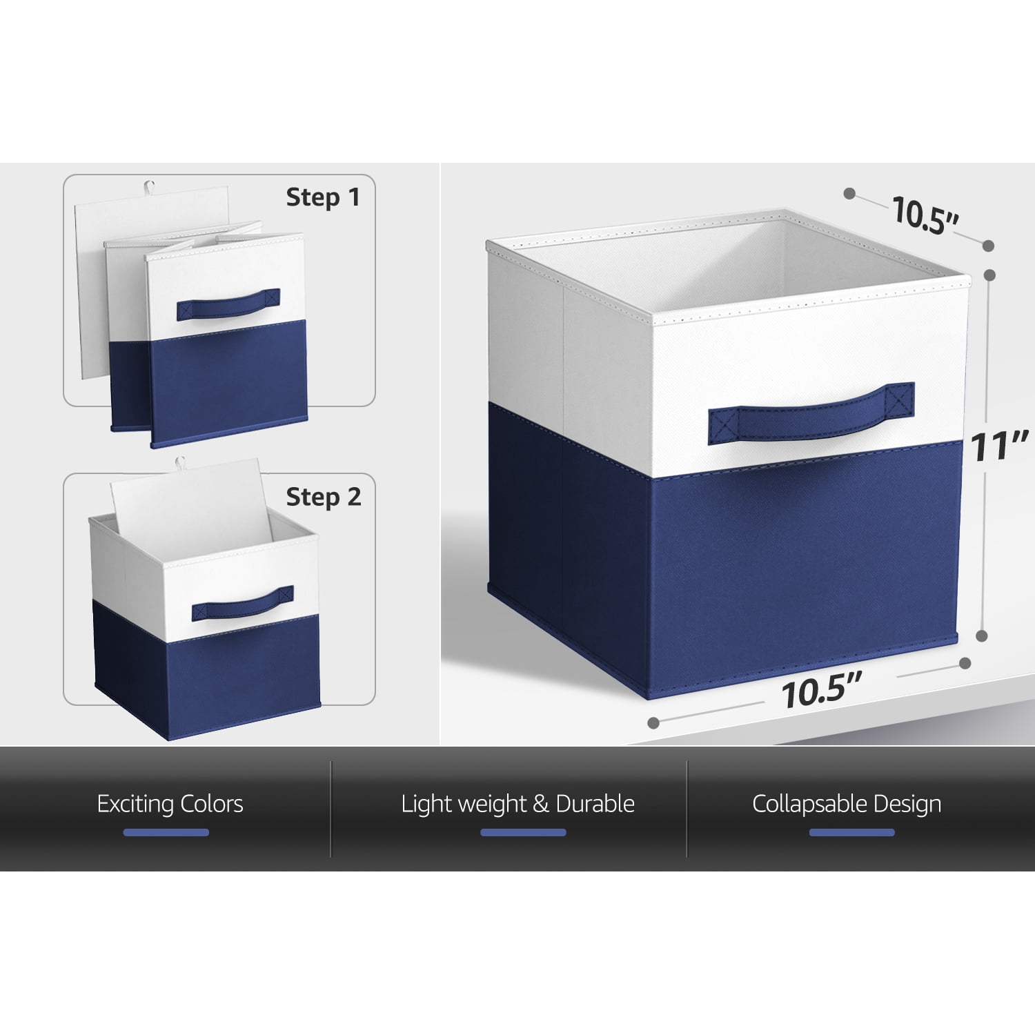 Sorbus 11" Foldable Storage Cubes – 6-Pack Fabric Bins for Closet, Shelves & Cubby Organizer – Collapsible Cloth Baskets for Home Organization, Navy Blue/White