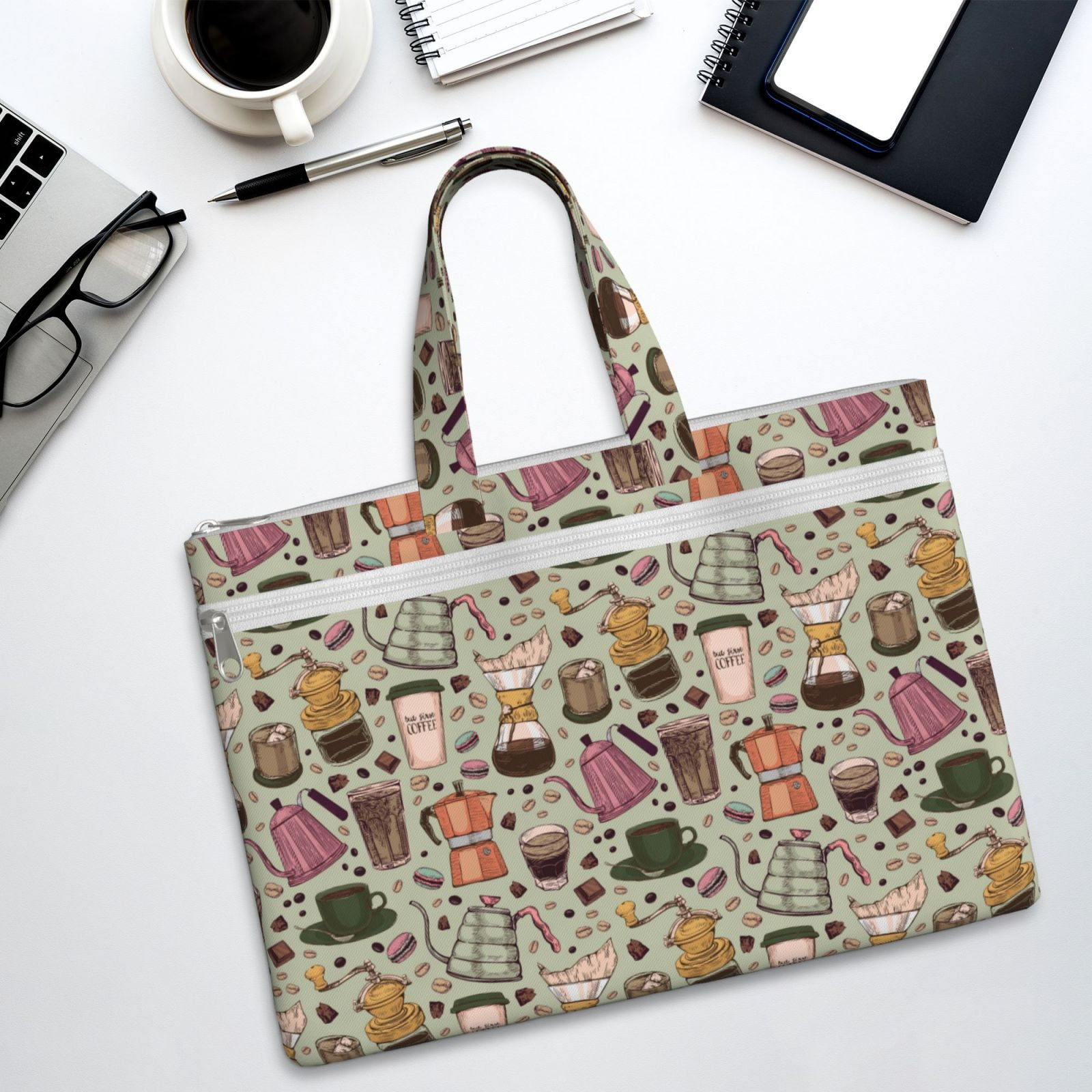 Kdxio Coffee Makers Macaroons Chocolate File Tote Document Bag Business Briefcase Bag Document Organizer Tote Briefcase for Letter A4 Files Business Teacher Office Bag