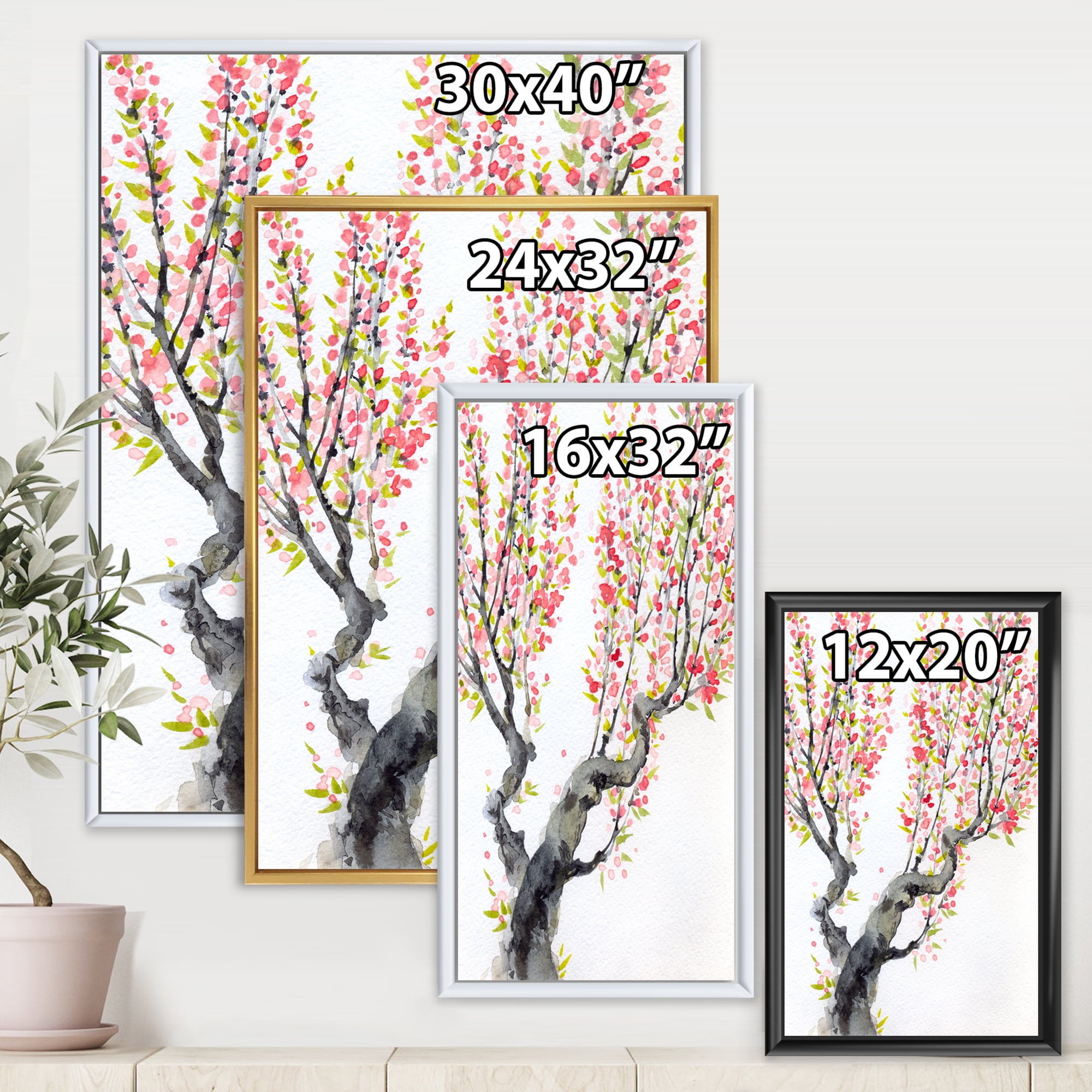 Designart 'Red Spring Flowers On Tree Branches' Traditional Framed Canvas Wall Art Print