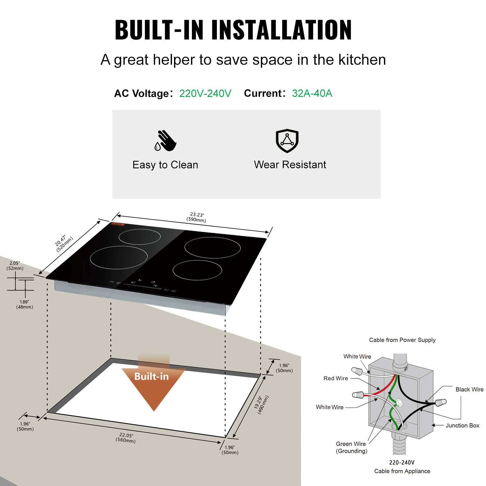 VEVOR Built in Electric Stove Top, 23.2 x 20.5 inch 4 Burners, 220-240V 60Hz Glass Radiant Cooktop with Sensor Touch Control, Timer & Child Lock Included, 9 Power Levels