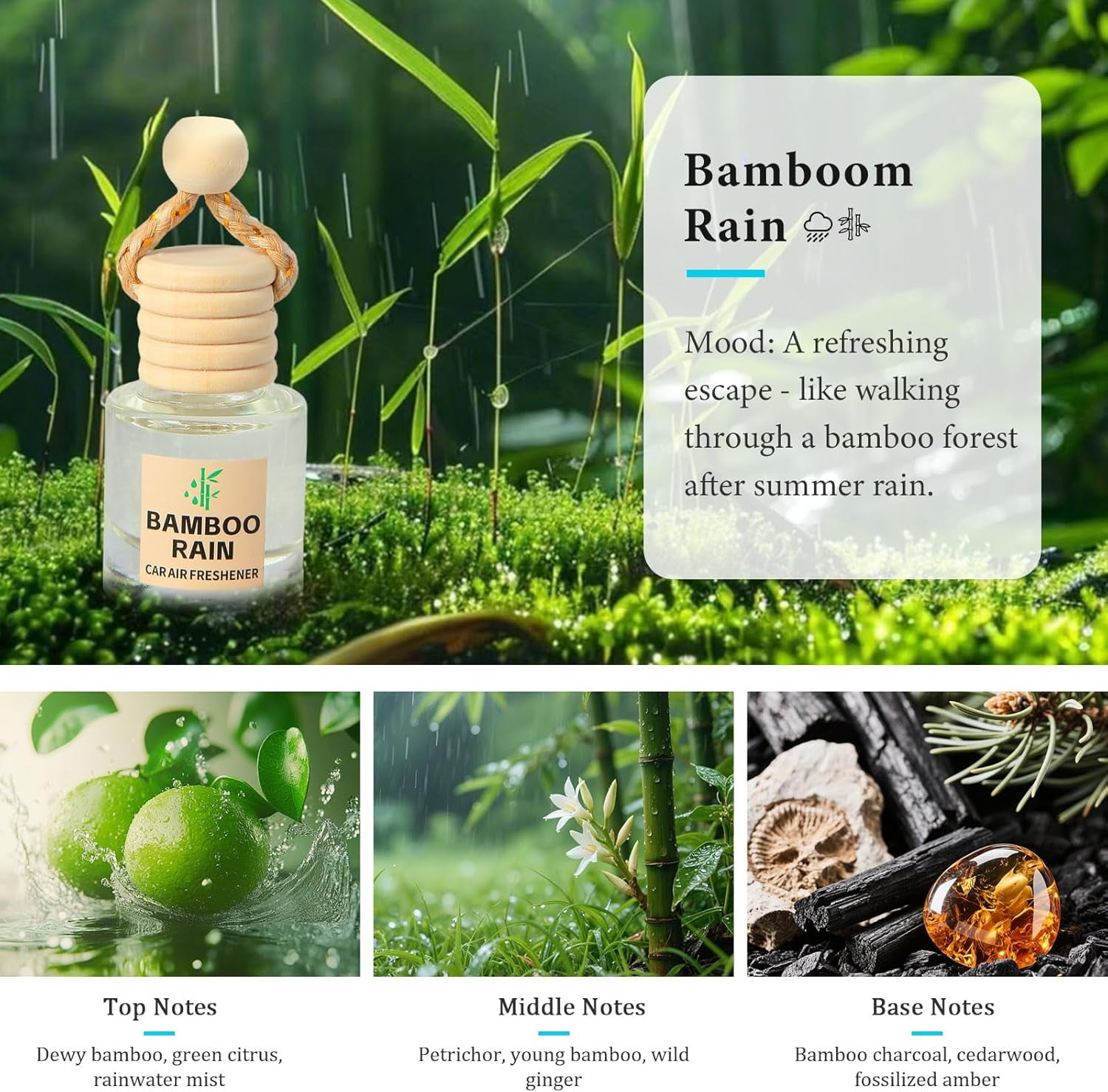 Car Air Freshener Oil Diffuser - Hanging Long Lasting Scent for Car & Home, Essential Oil Freshener with Adjustable Fragrance (Teak Wood+Black Ice+Bamboo Rain+White Tea)