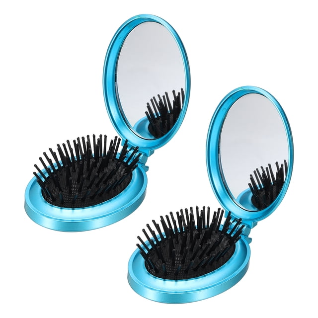 2 Pcs Cepillo de Cabello Plegable, Mini Cepillo de Cabello con Espejo, Peine de Viaje Ovalado Portátil para Mujeres y Niñas, Maquillaje de Viaje, Azul