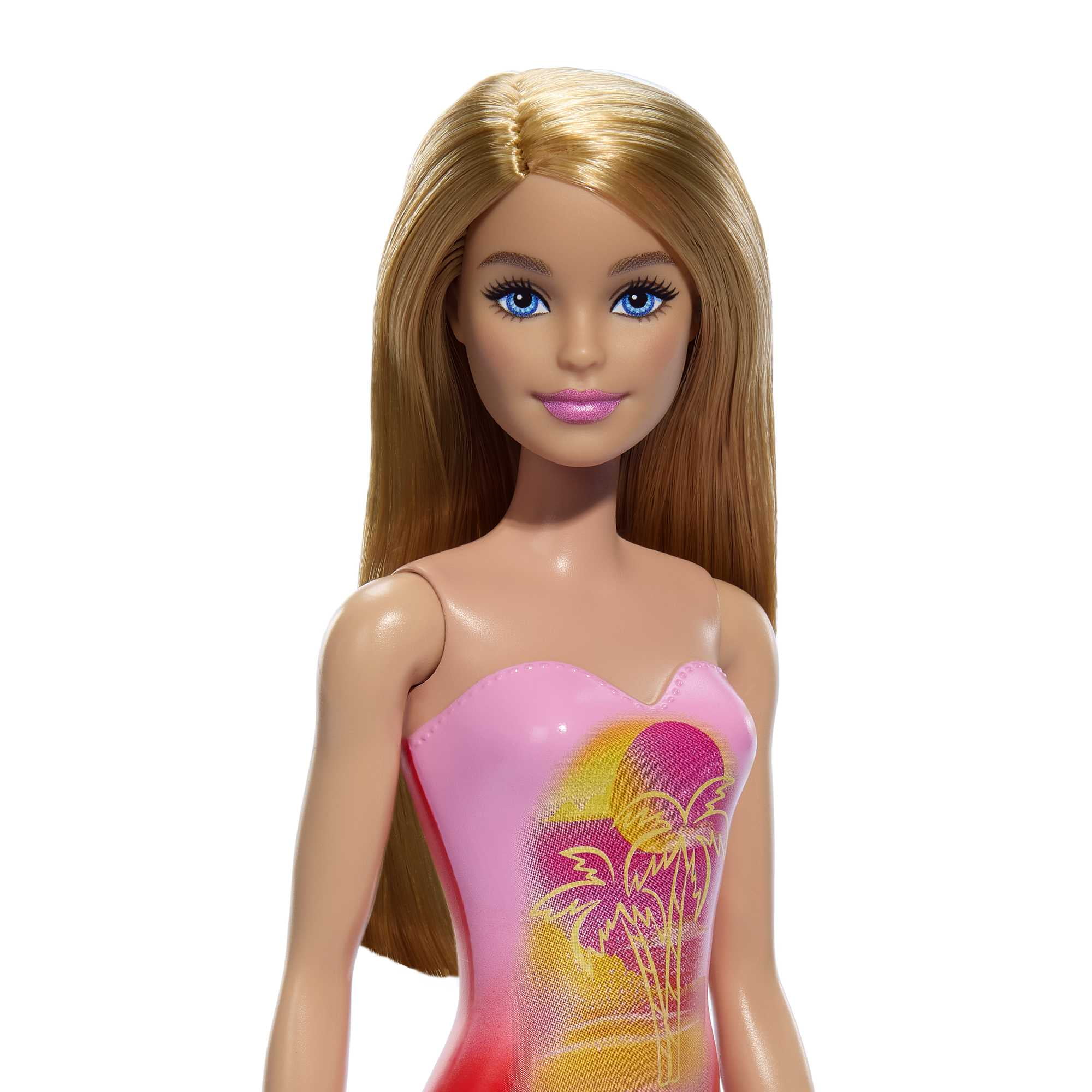 Barbie Poupée Plage Cheveux blonds, maillot rose à imprimé palmiers
