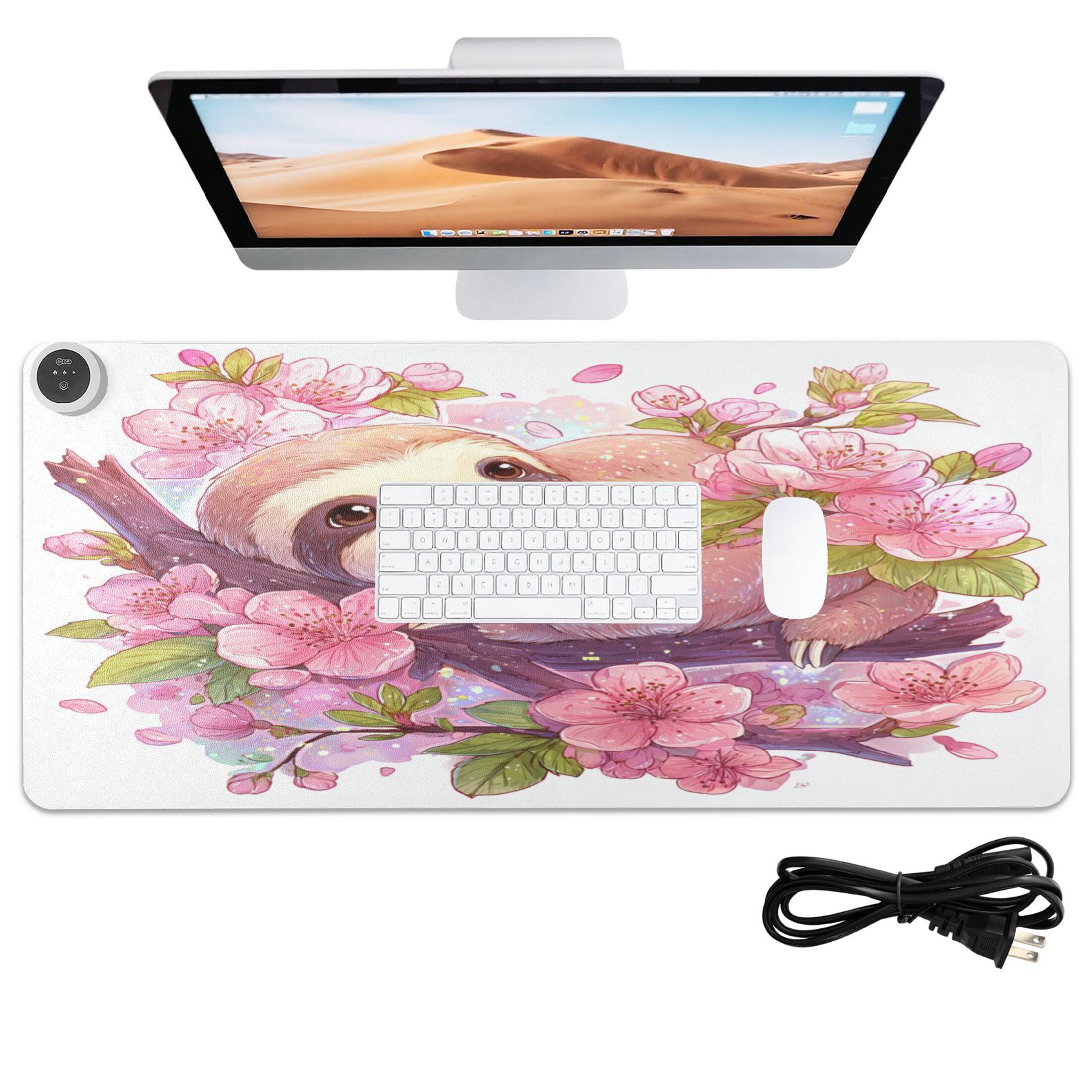 Large Heated Desk Mat Mouse Pad 31.5"x13"PU Leather Graphene Heating Desk Warmer with 3 Temperature Settings 110V US Plug Non-Slip Warm Pad for Home, Office, and Gaming Sloth in Cherry Blossoms