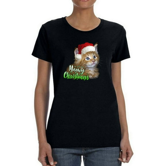 Meowy Christmas Kitten Santa T-Shirt Women -Smartprints Designs, Female 4X-Large