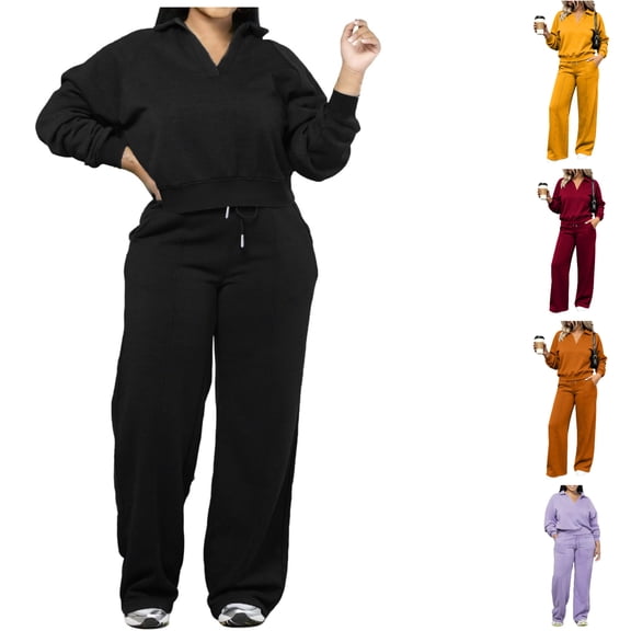 Women 2 Piece Tracksuit Fall Outfits Black, Long Sleeve Collared V Neck Sweatshirt and Wide Leg Pants Set for Travel,XL