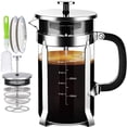 thumbnail image 1 of YMMIND Cafetera de prensa francesa Prensa de café de acero inoxidable 304 de 12 oz, con sistema de 4 filtros, vidrio de prensa francesa de borosilicato de espesor resistente al calor, émbolo de café d, 1 of 5