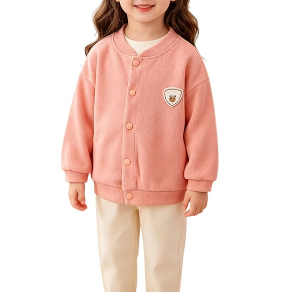 Coerni Girls Cute Badge Baseball Jackets Snap Button Down Cardigan Solid Varsity Jacket Teen Kids Casual Preppy Outerwear