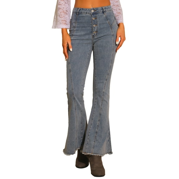 Allegra K Women's Bell Bottom Jeans High Rised Stretchy Retro Flared Denim Pants
