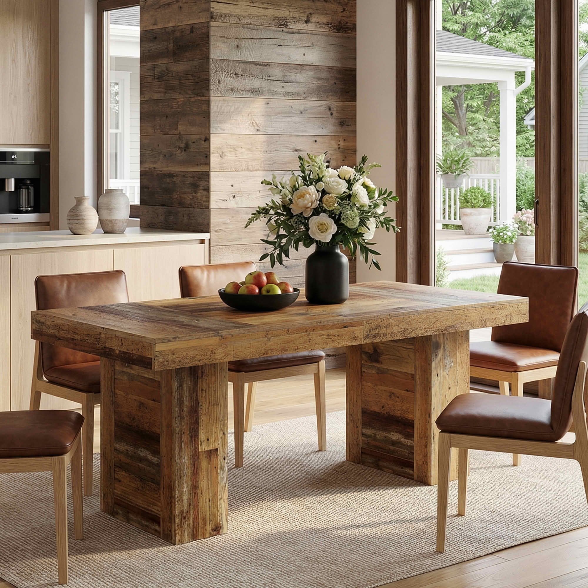 MAYEERTY 63 Inch Rectangular Farmhouse Dining Table, Patchwork Wood Grain Kitchen Dinner Table with Slatted Wide Legs for 6 People