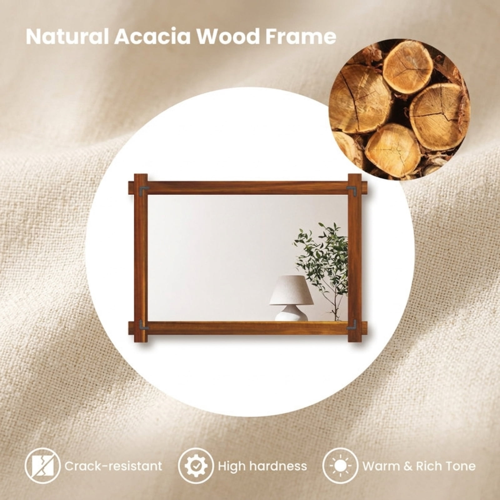 Vebreda 40" x 28.5" Wood Framed Wall Mirror with Acacia Wood Frame, Shatterproof HD Glass and Vintage Rivet Design, Brown