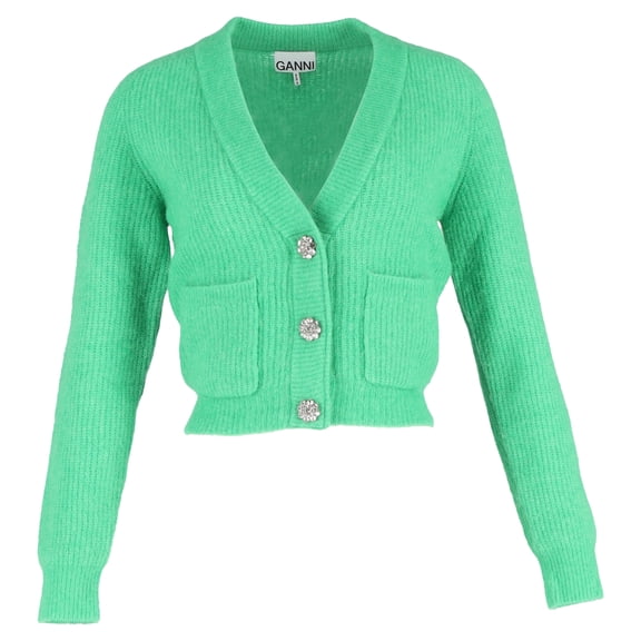 Pre-Owned Ganni Crystal-embellished Knitted Cardigan In Green Merino Wool