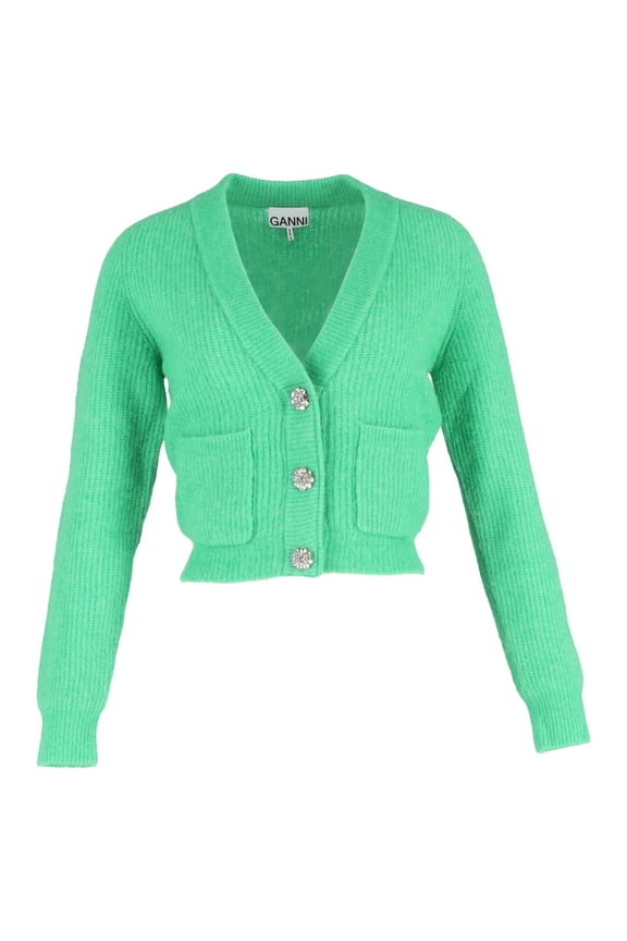 Pre-Owned Ganni Crystal-embellished Knitted Cardigan In Green Merino Wool
