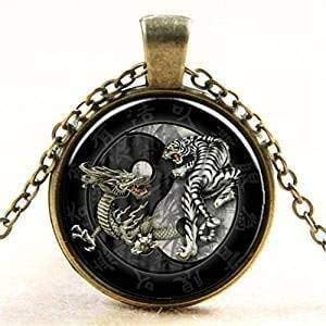 Dragon and Tiger Yin Yang Necklace Pendant Glass Dome Art Pendant Charm Dragon and Tiger Yin Yang Necklace Jewelry