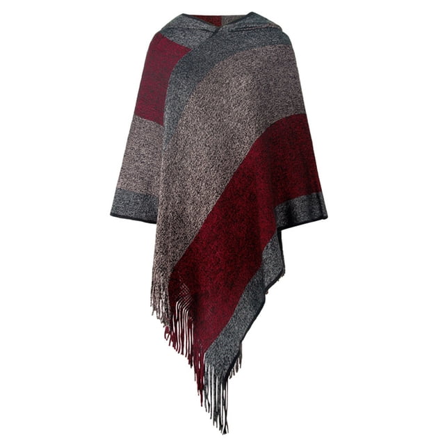 Qarigey Poncho de invierno para mujer, chal a rayas, fiesta de moda, vacaciones, fiesta en la playa, accesorios para fotos, bufanda con dobladillo Abrigos y chamarras Vino rojo