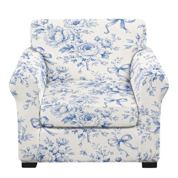 FKELYI Stretch Armchair Slipcover 2 Pcs Couch Covers Blue Floral Ribbon Print Anti-Dust Furniture Protector Washable Spandex Sofa Cover with Individual Cushion Cover