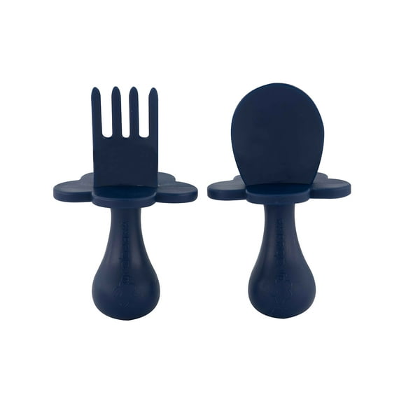 Grabease Juego de 2 Cubiertos Cuchara y Tenedor de Alimentación , 7+ Meses, Ergonómicas, Libre de BPA, Azul Marino