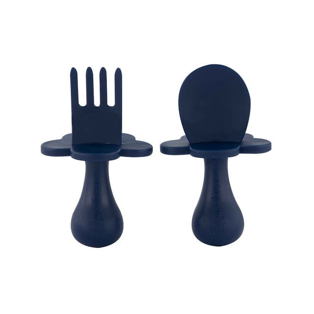 Grabease Juego de 2 Cubiertos Cuchara y Tenedor de Alimentación , 7+ Meses, Ergonómicas, Libre de BPA, Azul Marino