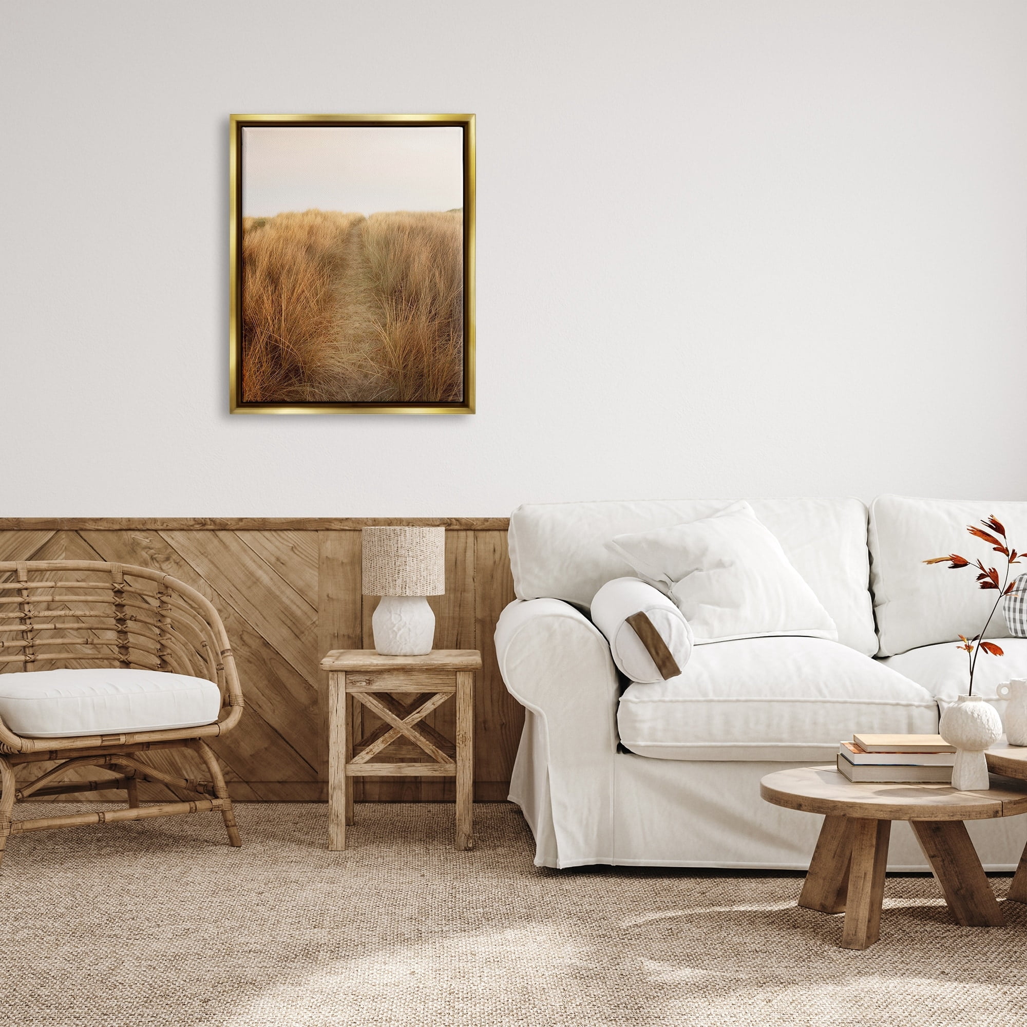 Stupell Industries Summer Sand Dune Pathway Sun Bleached Grassy Landscape Metallic Gold Framed Floating Canvas Wall Art, 24x30, by Ian Winstanley