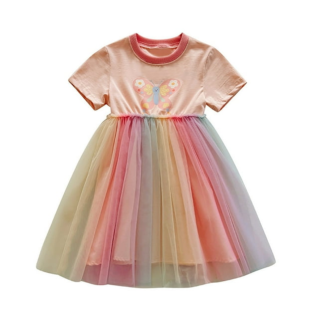 Robes Petite Fille Manches Courtes Imprimés Robe de Danse en Maille Vêtements pour Enfants Robe Fille Vêtements Taille 5-6T