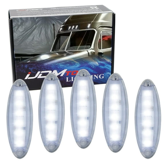OEM-Spec 5pc Clear Lens Xenon White 6-LED Front Raised Cab Roof Marker Light Assemblies For 2008-up Freightliner Cascadia Semi-Truck
