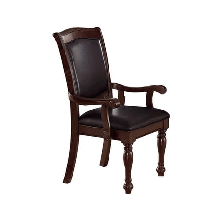 Set of 2 Traditional Black Faux Leather Dining Arm Chairs with Dark Brown Rubber Wood