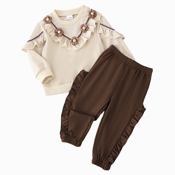 TOWED22 Infant Baby Girl Cute 2 Piece Clothes Set Cute Long Sleeve Crewneck Sweatshirt and Pants Print Outfits Clothing Fall Winter(Beige,6-9 M)