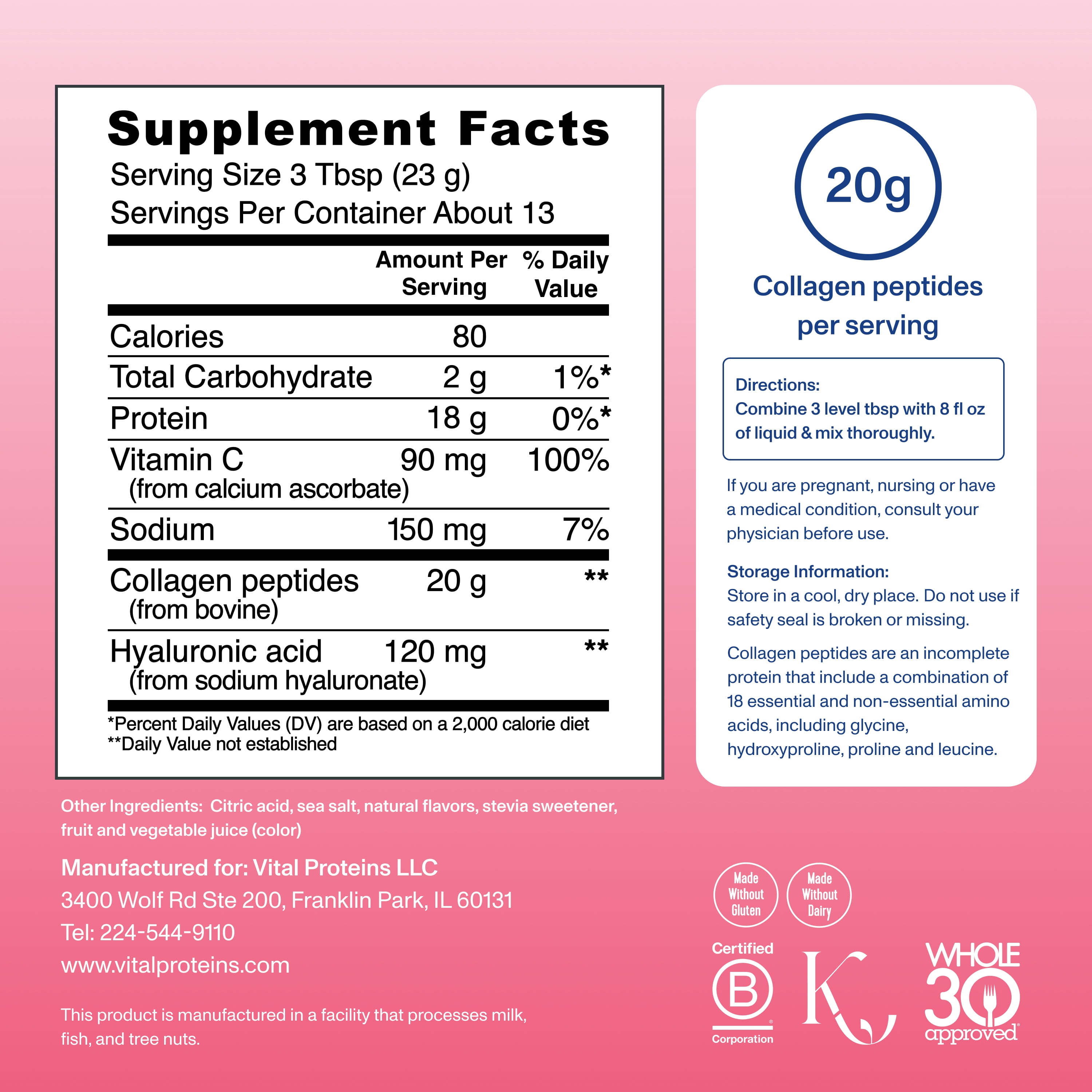 Vital Proteins Grass Fed Collagen Peptides Advanced Powder Supplement, with Hyaluronic Acid + Vitamin C, Strawberry Lemon Flavor, 10.5oz