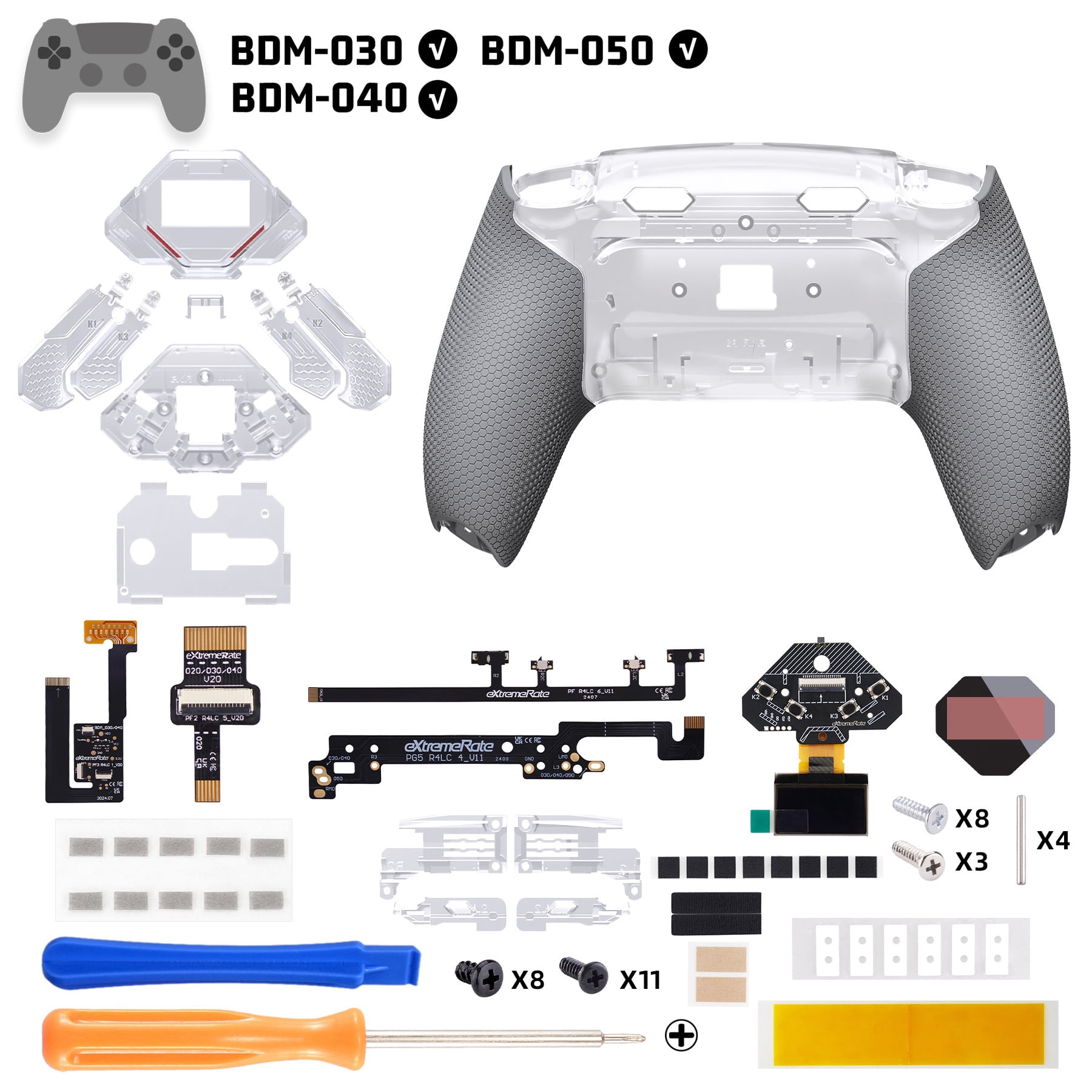 eXtremeRate SPARK Back Paddles Kit for PS5 Controller BDM-030 040 050 Models, OLED Display + Clicky Trigger Stops + Ergonomic Rubberized Grips Remappable 4 Back Buttons Set - Clear & Gray