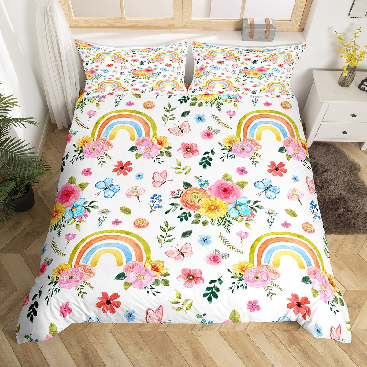 Rainbow Flowers Duvet Cover Twin For Girls,Kids Cute Colorful Rainbows