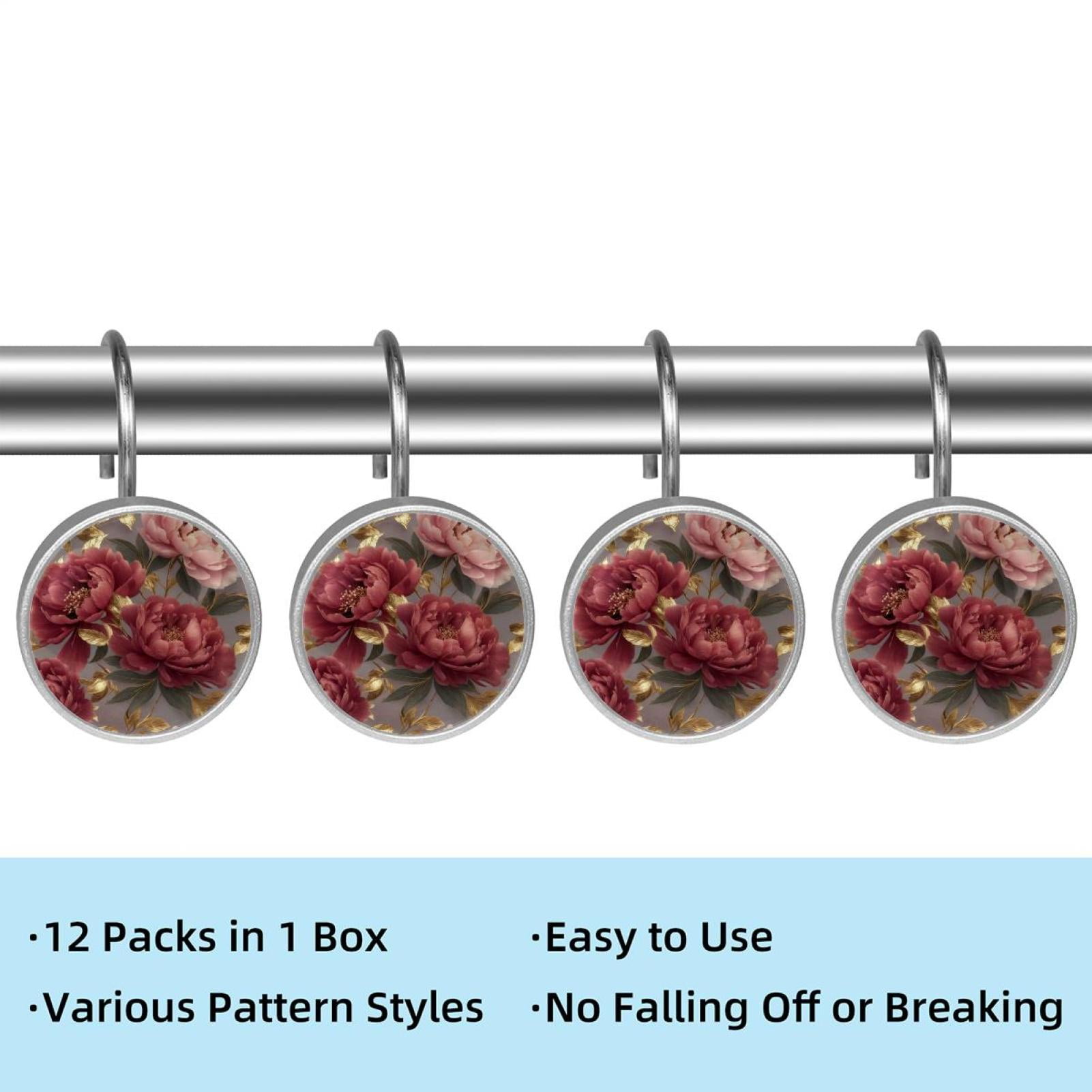 Imobaby 12 Pcs Metal Shower Curtain Hooks Rust Proof for Shower Curtain Liner - Golden Leaf Deep Pink Flower