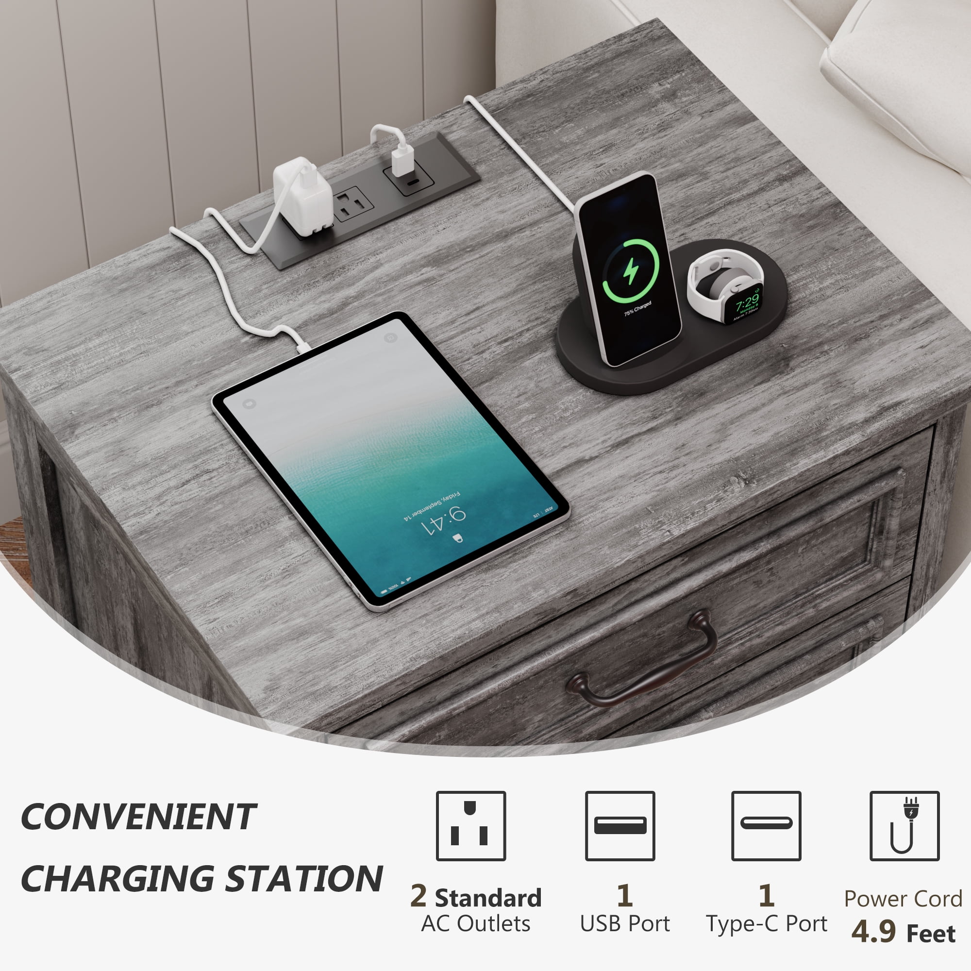 Farmhouse Nightstand with Charging Station, 3 Drawers Bedside Table for Bedroom for Adults, Dark Gray