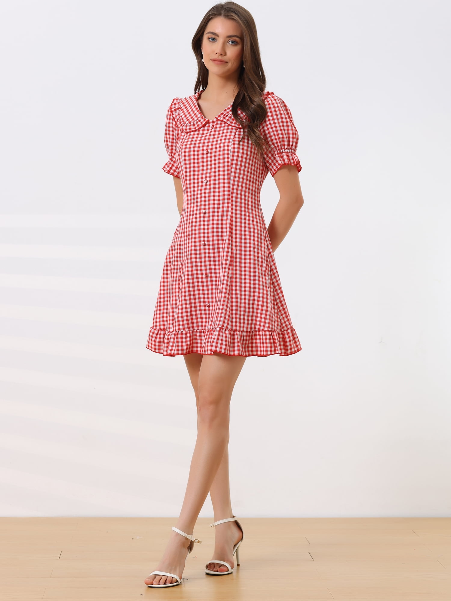 DARING DIVA Gingham Print Ruffled Doll Collar Puff Sleeve Mini Dress S Red