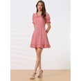 thumbnail image 3 of Vestido casual de verano con estampado de cuadros con volantes y mangas abullonadas con cuello Peter Pan Rojo S, 3 of 5