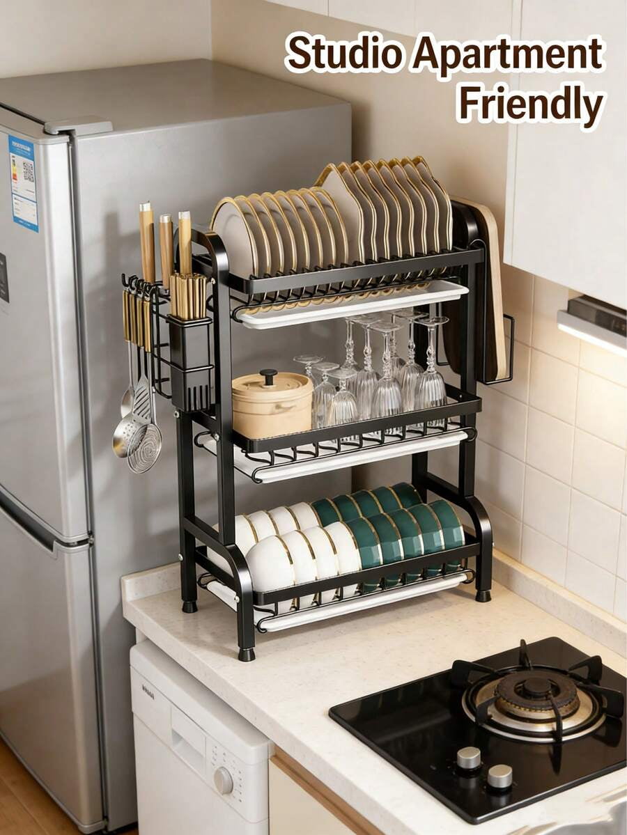 3-Tier Over Sink Heavy Duty Stainless Steel Dish Drying Rack, Rustproof Extra-Large Capacity Non-Slip Kitchen Counter Organizer, Removable Drainboard With Utensil Knife Cup Cutting Board Holder