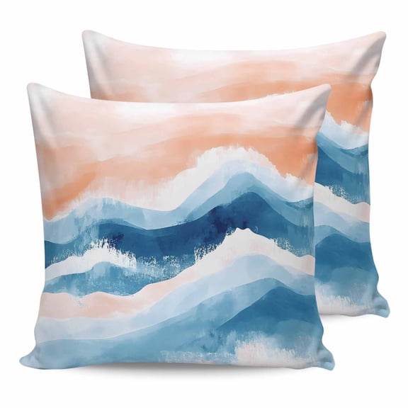Orange Navy Blue Ombre 20x20 Pillow Covers Set of 2, Abstract Beach Waves Gradient Throw Pillow Covers Decorative Couch Cushion Case, Microfiber Square Pillowcases for Bedroom Car Living Room