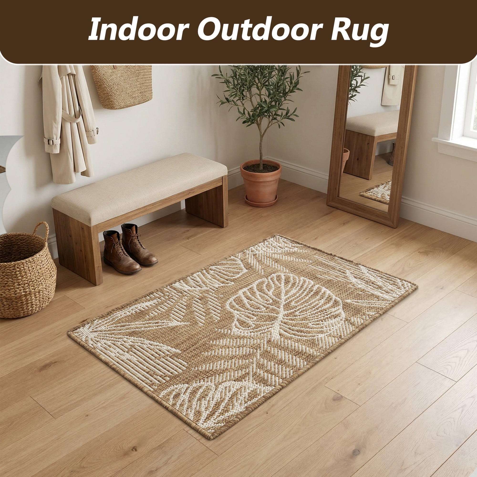 SIXHOME Outdoor Mat 2'x3' Front Door Mat Tropical Indoor Entryway Doormat Polypropylene Washable Non Shedding, Easy Clean, Waterproof, Durable Outdoor Doormat Neutral Brown