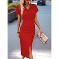 thumbnail image 4 of Women'S Casual Waist Tie V Neck Fresh Style Sleeve Attached Dress Summer Flowy Midi Gown Red XXXL, 4 of 7