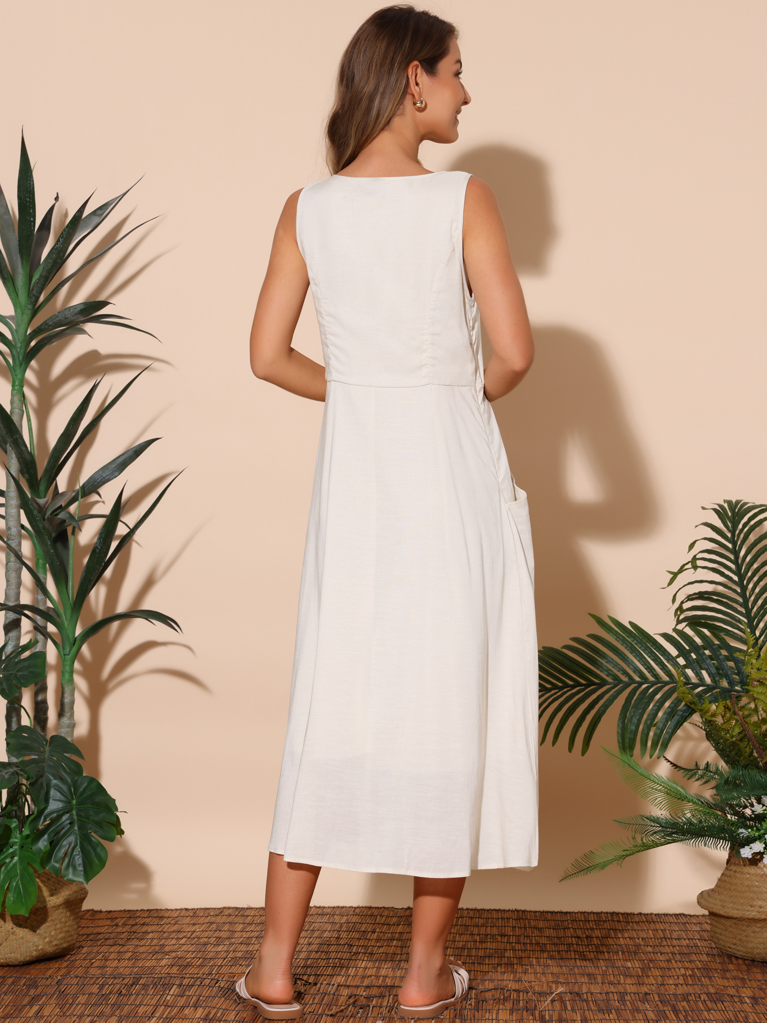 DARING DIVA Women's Sleeveless Loose Flowy Midi Tank Beach Dress M Beige
