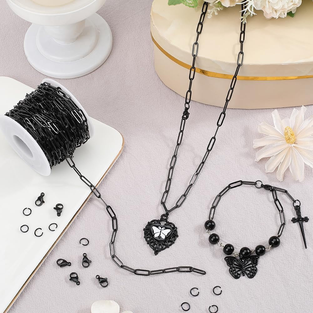 33 Feet/10m 12 x 4mm Stainless Steel Paper Clip Chain Black Chain Kit with Jump Rings Clasps Paperclip Oval Roll Connector Link Accessories for Jewelry Making Necklaces Bracelets DIY Crafts Black DIY