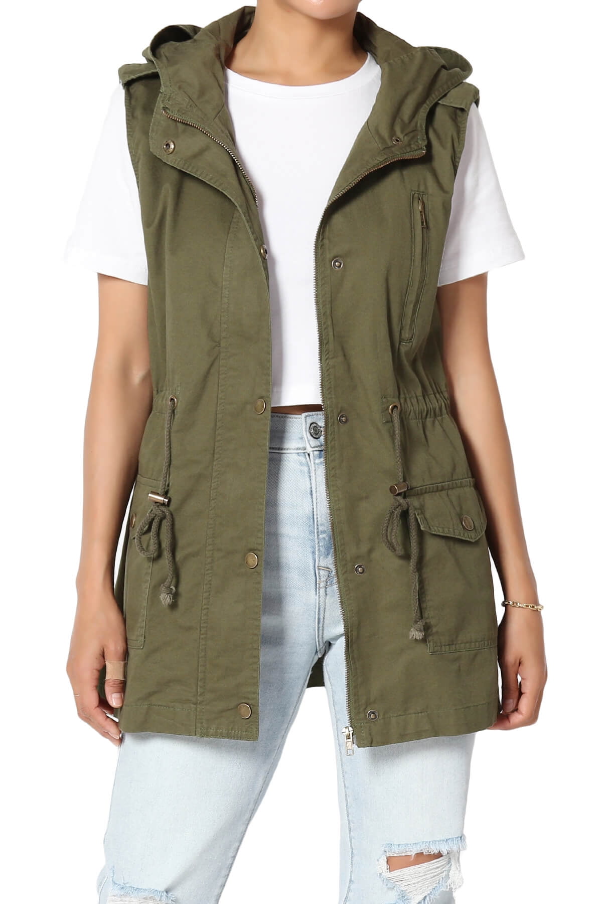 TheMogan Women's S3X Drawstring Loose Fit Utility Vest Sleeveless Military Jacket
