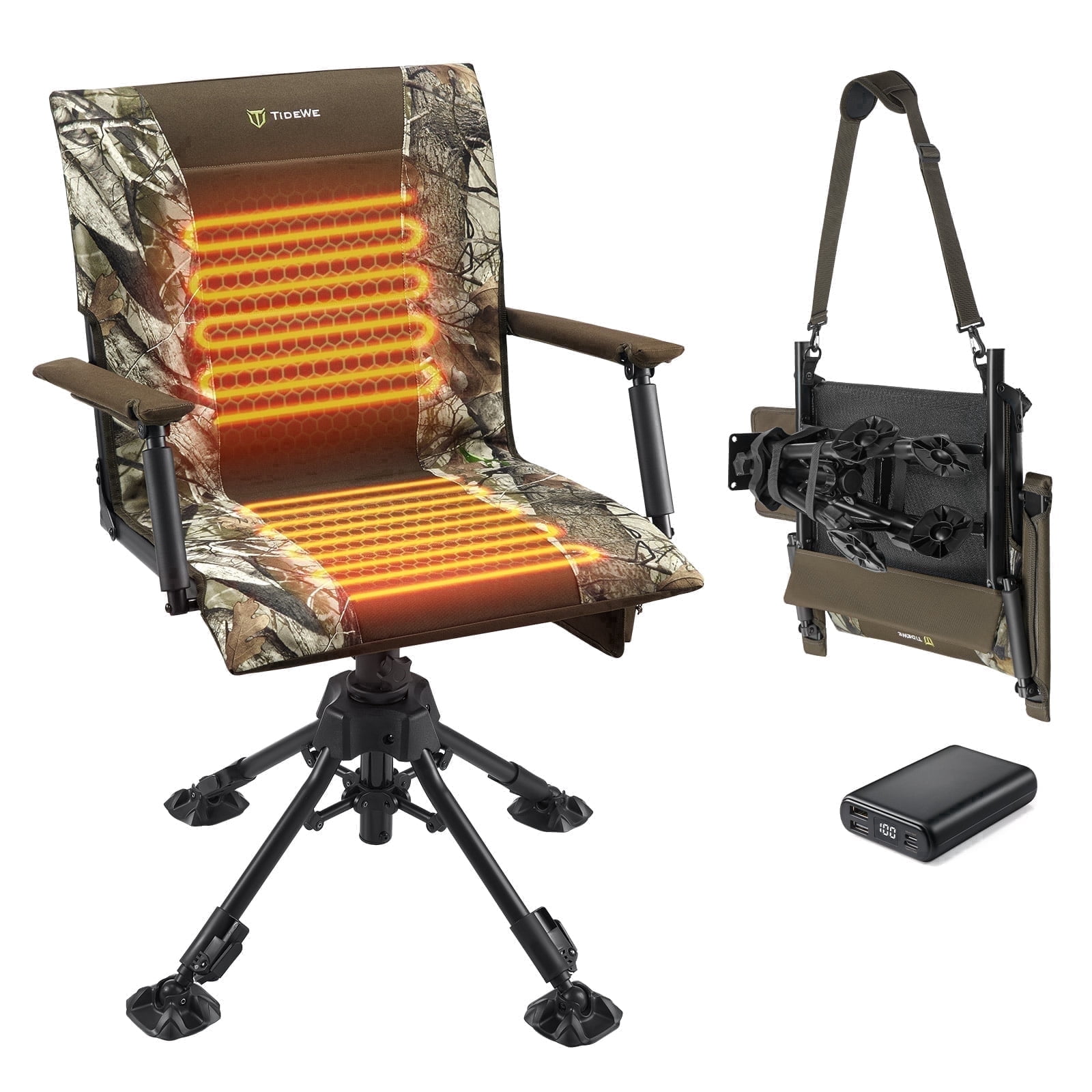 TIDEWE Heated Hunting Chair with 360° Silent Swivel Seat Dual-Zone 3-Level Heating Detachable Camo Seat Cover Adjustable Legs Foldable Hunting Blind Chair