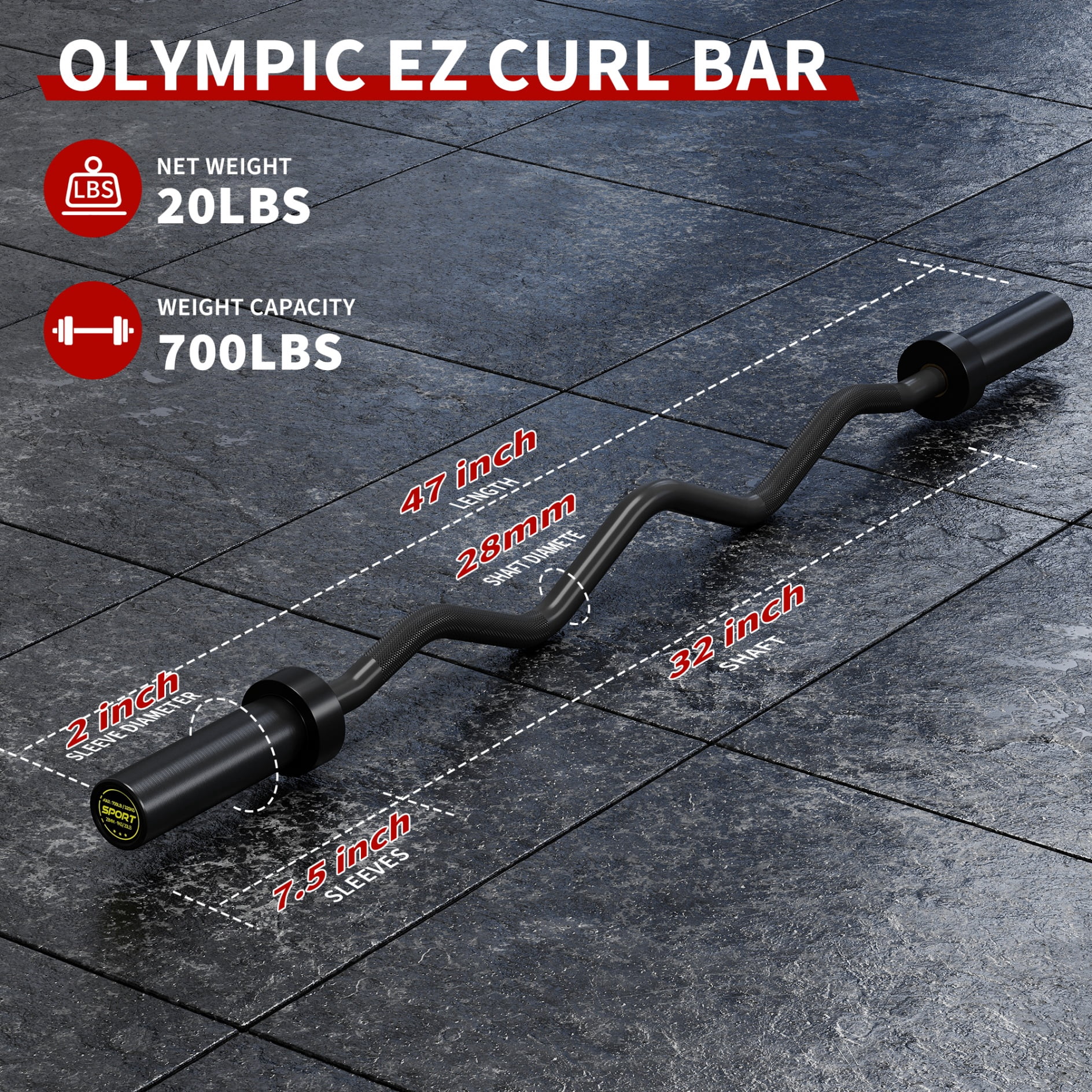 JoanKaren EZ Curl Barbell Bar 47 Inch 700 LB Capacity for 2 Inch Weight Plates Diamond Knurling Black